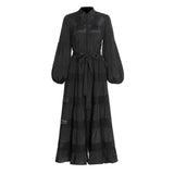 TWOTWINSTYLE White Hollow Our Dresses For Women Stand Collar Lantern Sleeve High Waist Patchwork Bow Slim Mini Dress Female