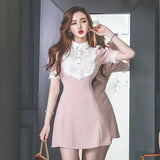 Summer Pink Lace Patchwork A-Line Mini Short Sleeve Vestidos Sweet Slim Cute Female