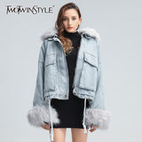 Patchwork Fur Collar Cotton Coat For Women Lapel Long Sleeve Loose Thick Denim Coats Female 2020 Winter New