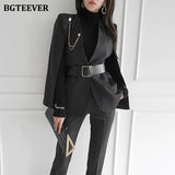 Stylish Women Blazer Set Belted Cloak Jacket & Suit Pants Elegant Female Striped Pant Suit Ladies 2 Pieces Set