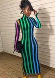 Colorful Stripes Turtleneck Long Bodycon