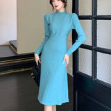 Elegant Knitted Sweater Pleated Dress Female Autumn Winter Dress Long Sleeve Office Lady Casual Slim Midi Dress 2022