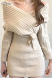 Chic Apricot Woolen Dress for Women Cross V-Neck Elegant Mini Knit Dresses Bodycon Fall Vestido Feminino Winter 2023