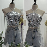 Heavy Industry Bling Bling Glide Hanging Neck Sling Vest One-Style Wrapping Tie With Large Bare Back Blouse