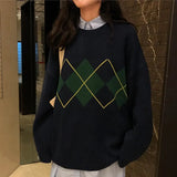 Knitted Sweater Women's Oversized Pullovers Korean Style Loose Jumper Ladies Autumn Long Sleeve Chic Argyle