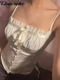 Y2K Satin Crop Top Elegant Vintage Cute Crop Top Bow Button Sweet Mini Vest Women Chic Party Sweats Summer Holiday