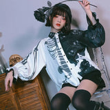Women Skull Print Shirt Punk Style Black and White Patchwork Female Tops Spring Fashion Lantern Sleeve Button