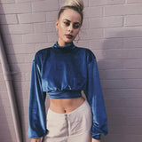 Velvet Sweatshirt Women Autumn Winter 2021 Streetwear Long Sleeve Turtleneck Pullover Cropped Hoodie Woman Red Blue Loose