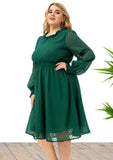 Elegant Plus Size Dot Print Round Neck Long Sleeve Midi