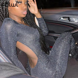 Winter Sparkling Black Bodycon Jumpsuits Women Sexy One Piece Club Outfits For Women Deep V Neck Long Sleeve