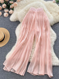 Solid Fashion Mesh Women Pants Summer 2022 Zipper Casual Elegant Vacation Long Wide Leg