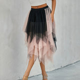 Women Midi Skirts Summer Contrast Color/Solid Color Elastic High Waist Irregular Ruffles Multi-Layered Tulle Tutu Skirts-Outfit
