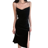 2023 Vintage Women Dress Spaghetti Strap Slit Velvet Black Dress Sexy Bodycon Bandage Dress Midi Party Dress Verano