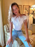 2022 Sexy Off Shoulder Y2K Feathers Corset Top Women Summer Sleeveless Elegant Lady Camis Tube Crop Top Club