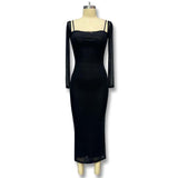 V-Neck Low-Breast Mesh Yarn Long-Sleeved Pupling Open-Fork Dress