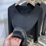 Plush Underwear With White Bottomed T-Shirt With Low Round Neck And Long Sleeves In Autumn And Winter Integrated Velvet Warm Blouse-Outfit