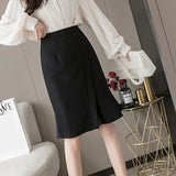 Office Ladies Skirt High Waist Streetwear Work Wear Irregular Casual Vintage Knee-length Skirts Women Black 2020