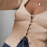 Fashion Sweaters Women Basic Single Row Button Cardigan Khaki Plain V Neck Casual Short Sweater Long