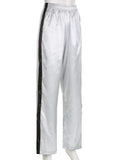 Y2k Silver Sweatpants Women Korean Streetwear Loose Vintage Side Stripe Elastic Waist Track Pants Summer Casual
