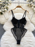 Sexy Bodycon Hollow Out Playsuits Female American Style Transparent Thin Jumpsuits Summer Mesh Lace Short
