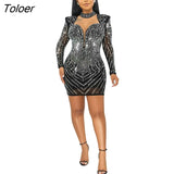 Diamonds Party Dresses Women Hollow Out Long Sleeve Sexy Dress Sheer Mesh Night Clubwear Bodycon O Neck Autumn
