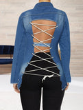 Casual Blue Ripped Bandage Long Sleeve Jeans