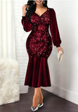 Elegant Sequins V Neck Long Sleeve Mermaid