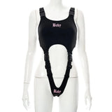 Techwear Y2k Punk Women Sexy Bodysuit Mall Gothic Cargo Black Buckle Patchwork Alt Clothes Cut Out Printed Streetwear-Outfit