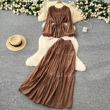 Wind Age Reduction Suit Women's Spring French Strap To Close Waist Round Collar Long-Sleeved Shirt + High Waist-Hanging Half-Body