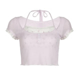 And Spicy Girls Pure Desire Lace Splicing Fake Two Neck Tops Girls French Maiden Ear Knitted Short-Sleeved T-Shirts-Outfit