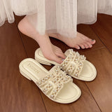 Summer New Small Scented Pearl Slippers Women Wear Flat Bottom One-Word Drag Beach Cool Drag