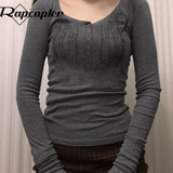 y2k Grey Frill Crop Top Cute Retro Button T Shirt Harajuku Solid Casual Basic Tee Slim Women Grunge Fairycore