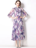 Summer Runway Beach Boho Chiffon Dress Women Bow Collar Floral Printed Elegant Holiday Party Pleated Midi Dress