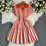 Retro-Necked Short-Sleeved Striped Knitted Dress Female Waist Temperament Thin A-Word