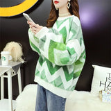 And Winter Sweater Women Retro Striped Loose Sweater Pullover Casual Lazy Fashion Knitted Puff Sleeve Warm