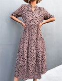Vintage V-neck Half Sleeves Dot Print Midi Loose Holiday