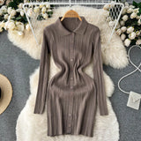 Autumn Striped Knitted Dress Women Lapel Button Sheath Warm Dress Ladies Fashion Solid Elastic Waist Sweater