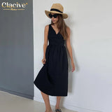 Summer V-Neck Green Women'S Dress 2022 Casual Loose Sleeveless Office Midi Dresses Elegant Classic Ruched Female
