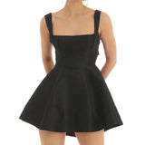 Women Sling Mini Dress Evening Party Summer Clothes Solid Color Sleeveless Backless Square Neck A-line Dress Sexy Club-Outfit