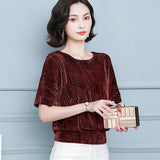 Tunic Short Sleeve Shiny Tops Elegant OL Blouses with Sequins Fashion Glitter Shirts Summer Blouses Large Size 4XL