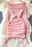 Off Shoulder Bodycon Mini Dress Women Fashion Spring Slash Neck Long Sleeve Shinny Mesh Drawstring Ruched Club Party