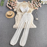 Women Summer Design Knitted Set Sexy Sleeveless V Neck Short Strap Tops+Chic Hollow Wide Leg Long Pants Two Piece