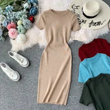 2022 New Short Sleeve Solid Vintage Women Dress Korean Knit Stretch Waist Elegant Dresses O Neck Bodycon Vestidos
