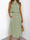 Casual White Solid Women Skirt Set Sleeveless Crop Tops And Button Pockets Skirts Ladies Suit Summer Beach Style