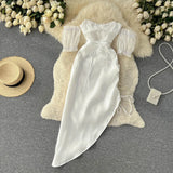 Lace Splice Women Summer Dress 2022 Zipper Irregular Separate Sleeves Halter Ruffled Drawstring Ladies A Line