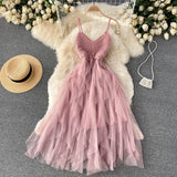Irregular Mesh Strap Dress Women Sexy Sleeveless V Neck A-line Party Dress Summer Off Shoulder Vacation Beach