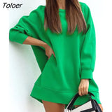 Hoodie Short Dress Women O-neck Long Sleeve Green Khaki Loose Long Sweatshirt Tops 2022 Autnmn Woman Clothing New