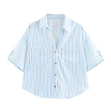 Spring And Summer New Women's Fashion Casual Collar Striped Wide-Sleeved