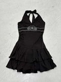 Style Retro Embroidery Patterned Waist Dress Sexy Deep V-Neck Hanging Neck High-Waisted Lotus Leaf Side
