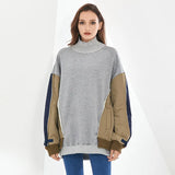 Patchwork Sweatshirt For Women Turtleneck Batwing Long Sleeve Hit Color Pullovers Sweatshirts Female 2021